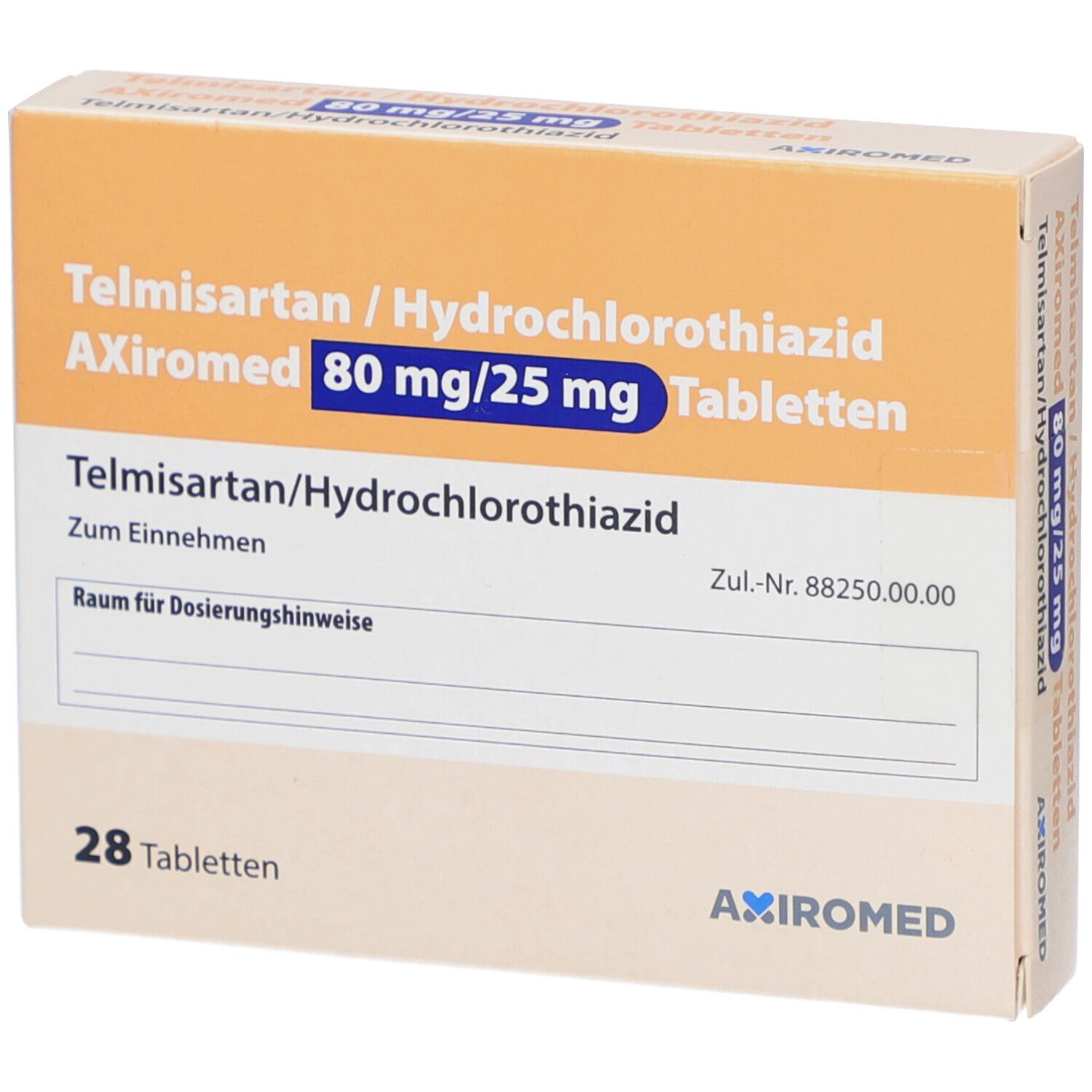 Schachtel mit Tabletten. Aufschrift: Telmisartan/Hydrochlorothiazid AXiromed 80 mg/25 mg Tabletten. 28 Tabletten.