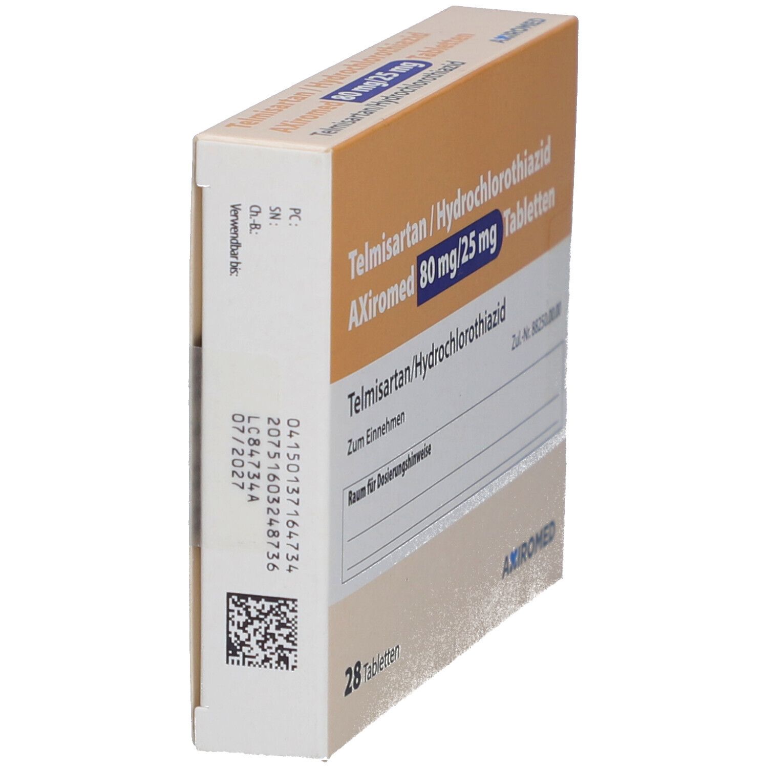 Schachtel mit Tabletten, schräg. Aufschrift: Telmisartan/Hydrochlorothiazid AXiromed 80 mg/25 mg Tabletten. 28 Tabletten. Barcode.