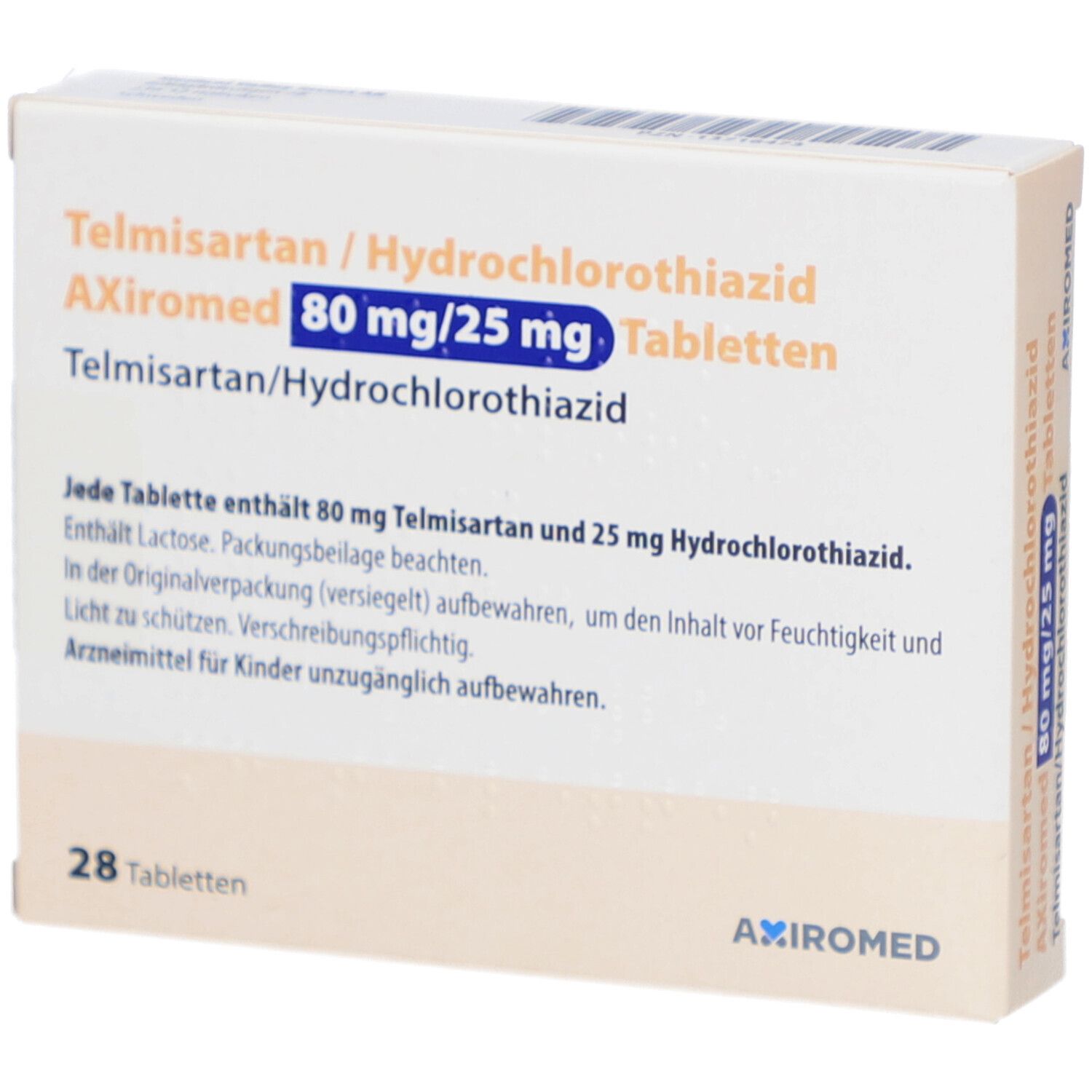 Schachtel mit Tabletten. Aufschrift: Telmisartan/Hydrochlorothiazid AXiromed 80 mg/25 mg Tabletten. 28 Tabletten. Text über Inhaltsstoffe.