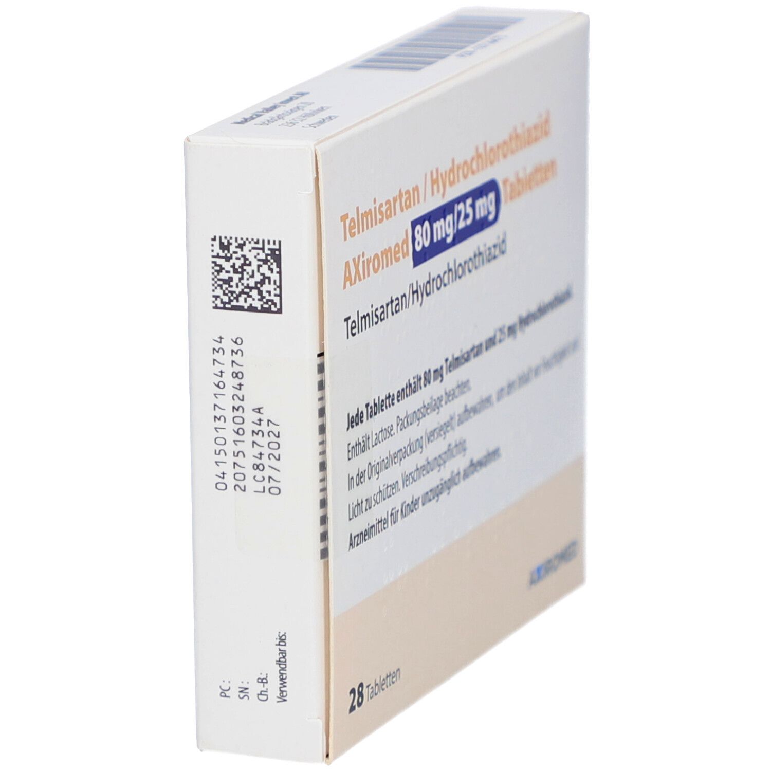 Schachtel mit Tabletten, schräg. Aufschrift: Telmisartan/Hydrochlorothiazid AXiromed 80 mg/25 mg Tabletten. 28 Tabletten. Barcode.