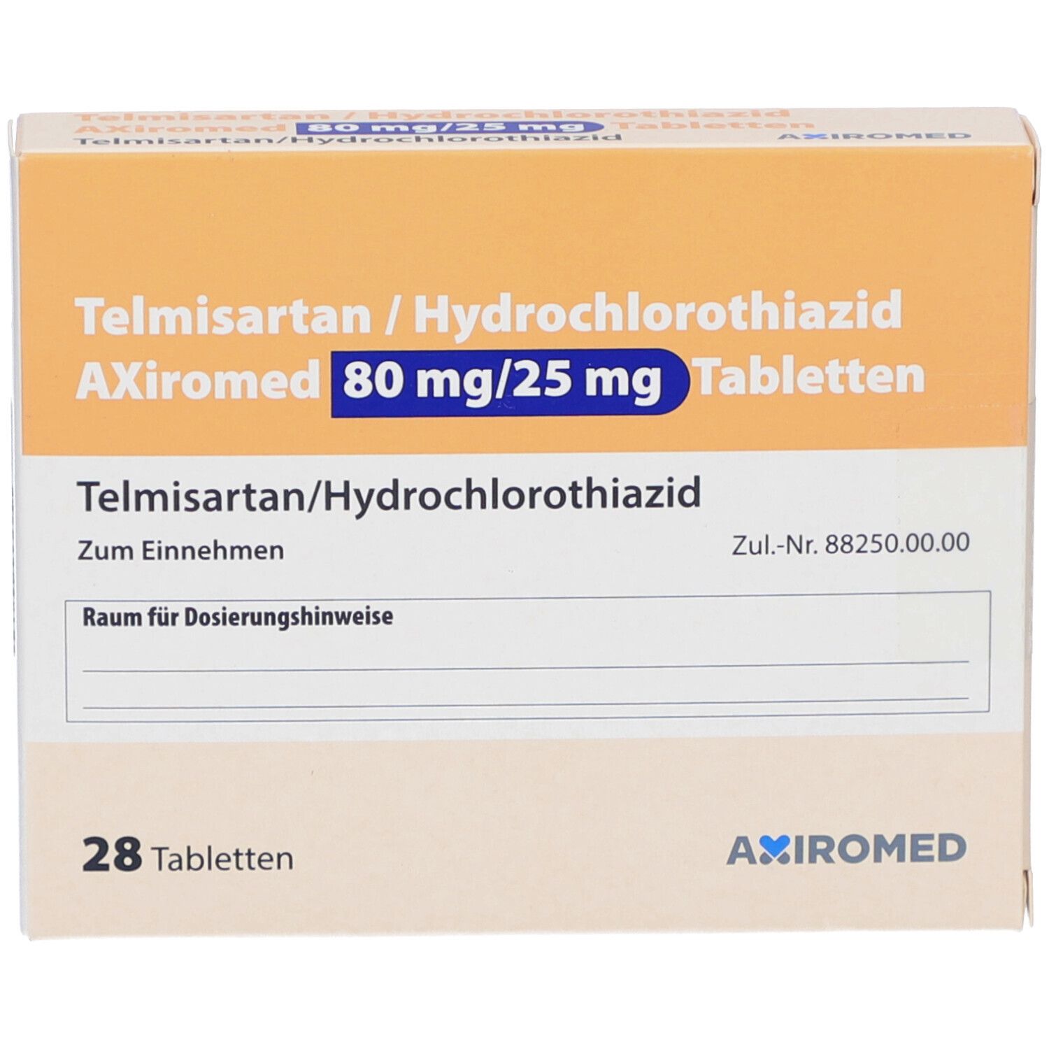 Schachtel mit Tabletten. Aufschrift: Telmisartan/Hydrochlorothiazid AXiromed 80 mg/25 mg Tabletten. 28 Tabletten.