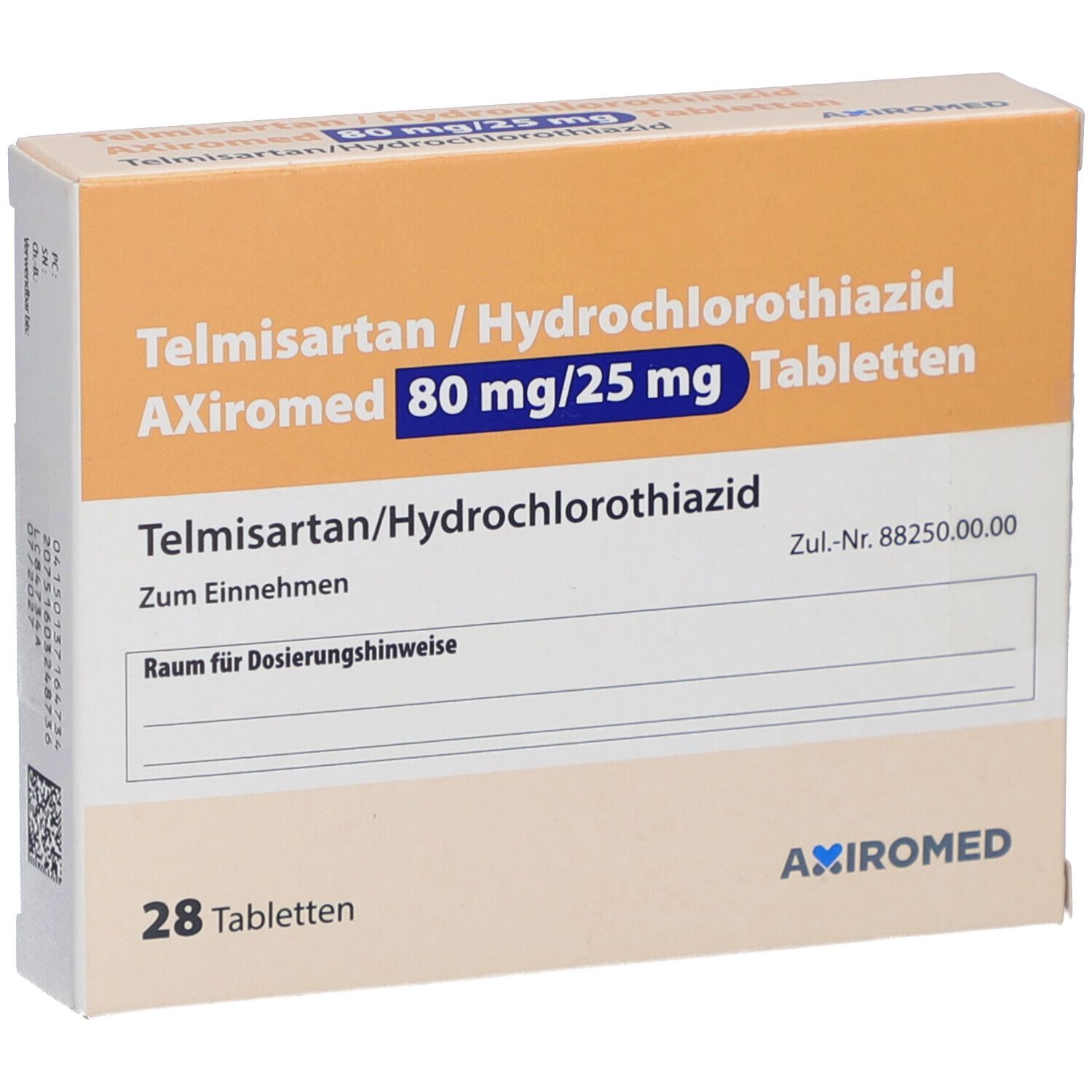 Schachtel mit Tabletten. Aufschrift: Telmisartan/Hydrochlorothiazid AXiromed 80 mg/25 mg Tabletten. 28 Tabletten.