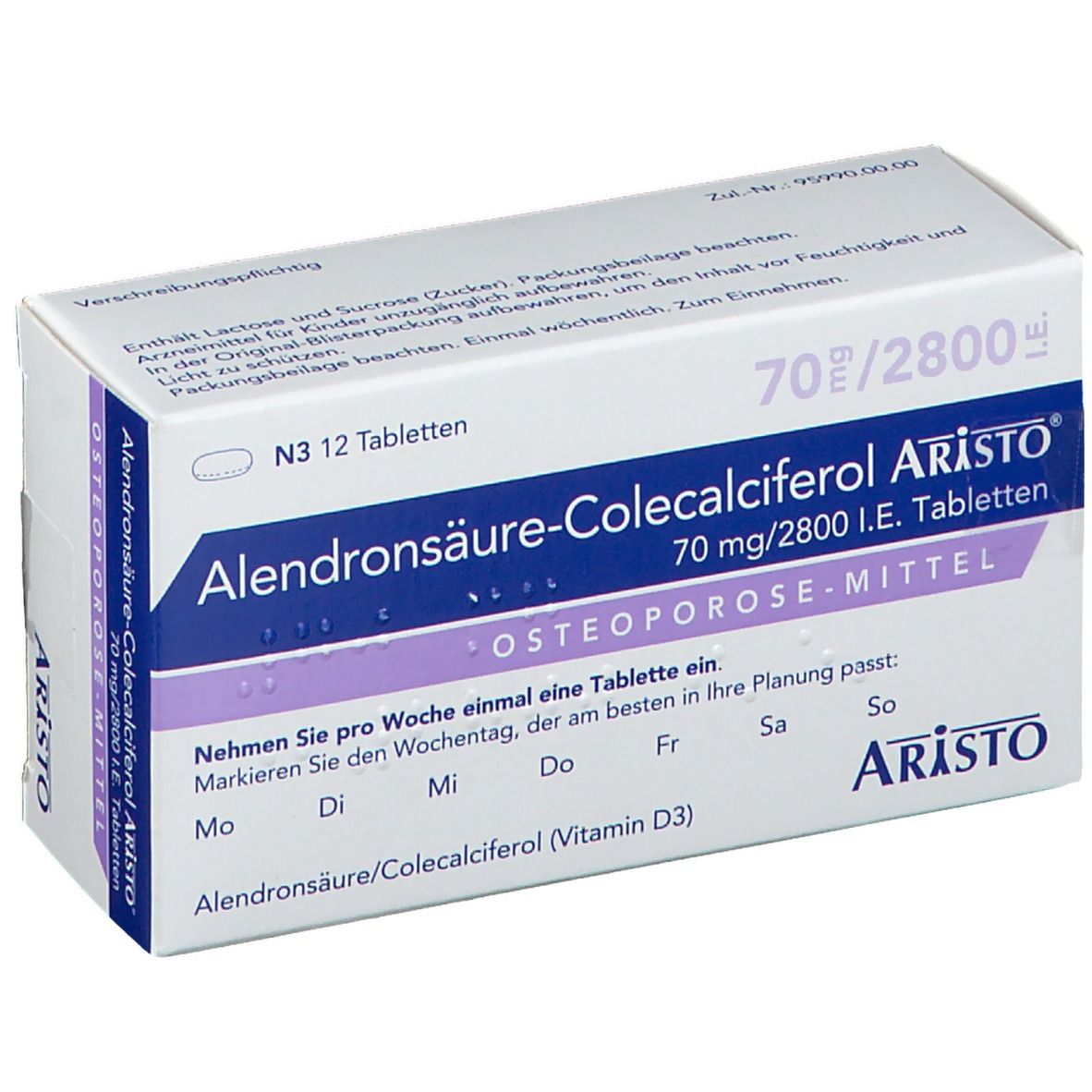 Schachtel Alendronsäure-Colecalciferol Aristo®. Aufschrift: 70 mg/2800 I.E. Tabletten. Osteoporose-Mittel. Aristo. Wochenplan.
