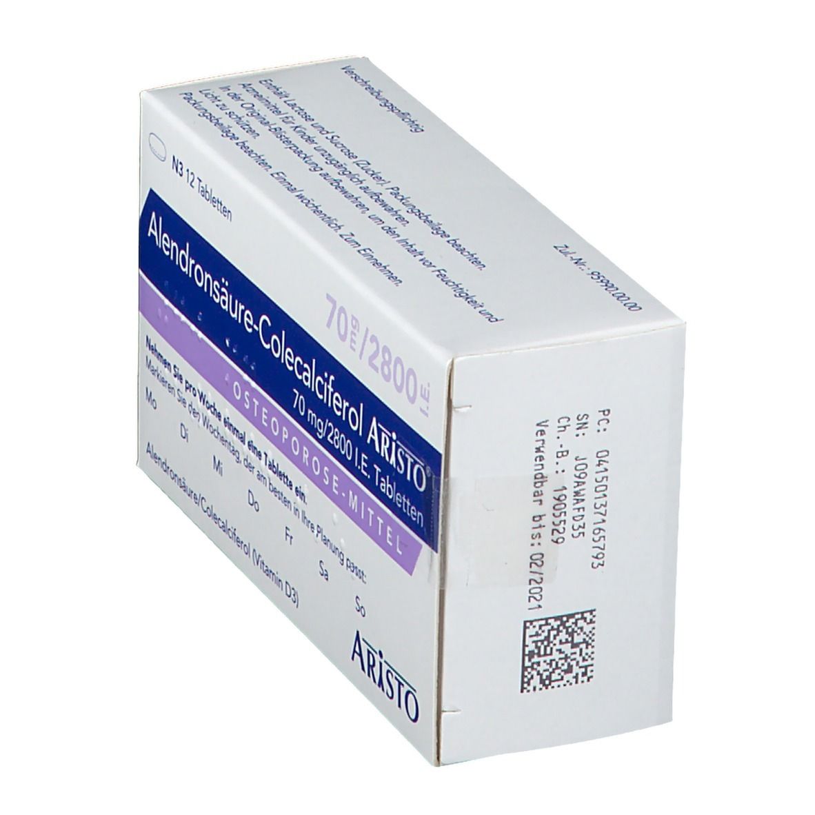 Schachtel Alendronsäure-Colecalciferol Aristo®. Aufschrift: 70 mg/2800 I.E. Tabletten. Osteoporose-Mittel. Aristo. Rückseite.