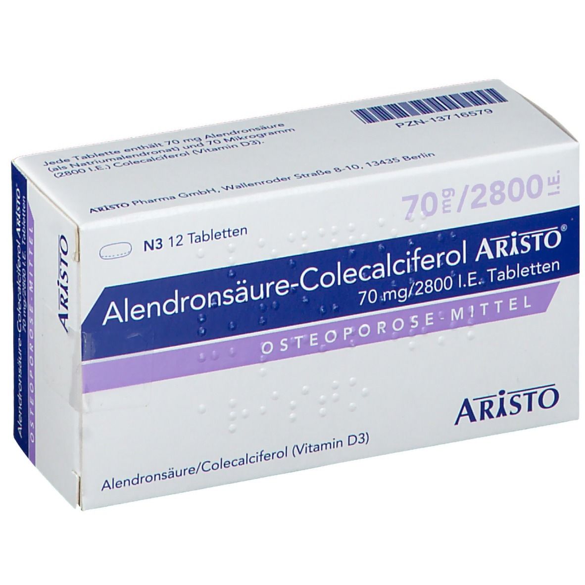 Schachtel Alendronsäure-Colecalciferol Aristo®. Aufschrift: 70 mg/2800 I.E. Tabletten. Osteoporose-Mittel. Aristo.