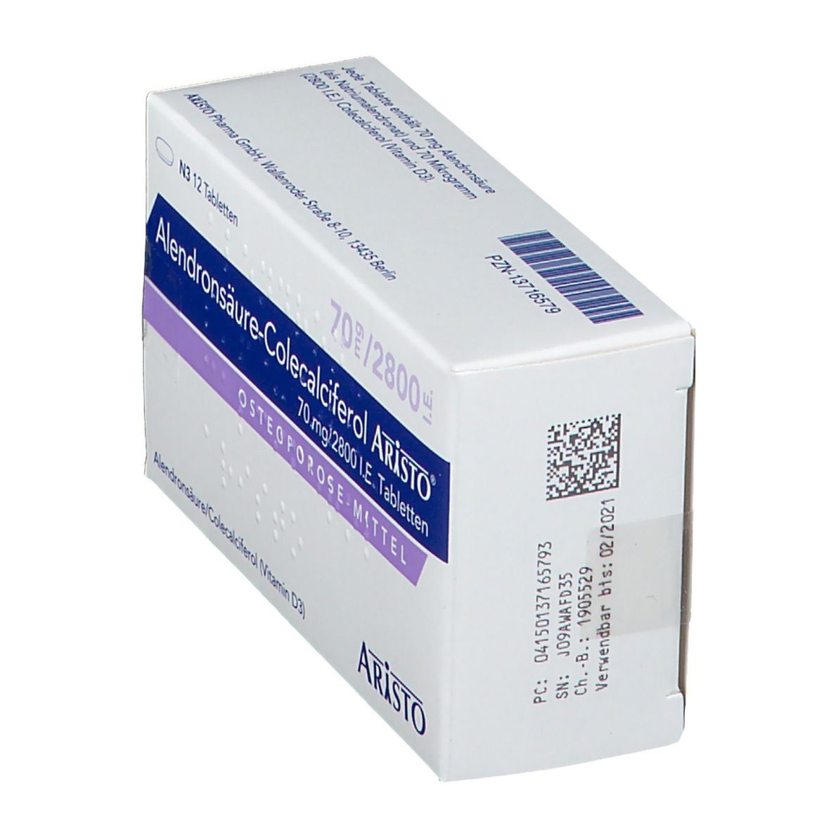 Schachtel Alendronsäure-Colecalciferol Aristo®. Aufschrift: 70 mg/2800 I.E. Tabletten. Osteoporose-Mittel. Aristo. Rückseite.