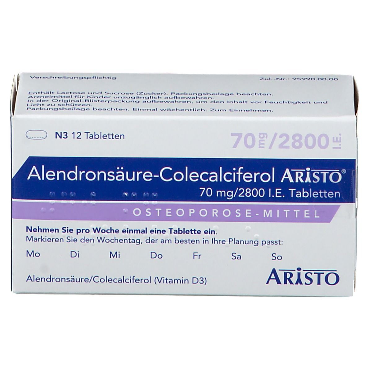 Schachtel Alendronsäure-Colecalciferol Aristo®. Aufschrift: 70 mg/2800 I.E. Tabletten. Osteoporose-Mittel. Aristo. Wochenplan.