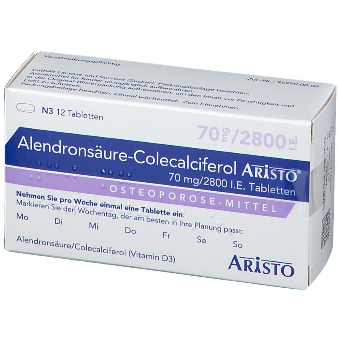Schachtel Alendronsäure-Colecalciferol Aristo®. Aufschrift: 70 mg/2800 I.E. Tabletten. Osteoporose-Mittel. Aristo. Wochenplan.