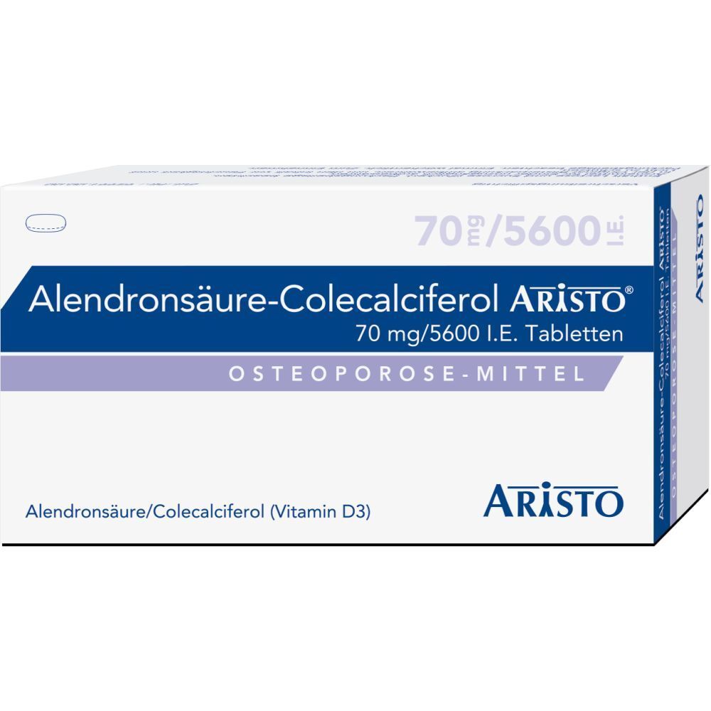 Weißer Karton mit blauer und lila Beschriftung. Enthält Tabletten. Aufschrift: Alendronsäure-Colecalciferol Aristo, 70 mg/5600 I.E.
