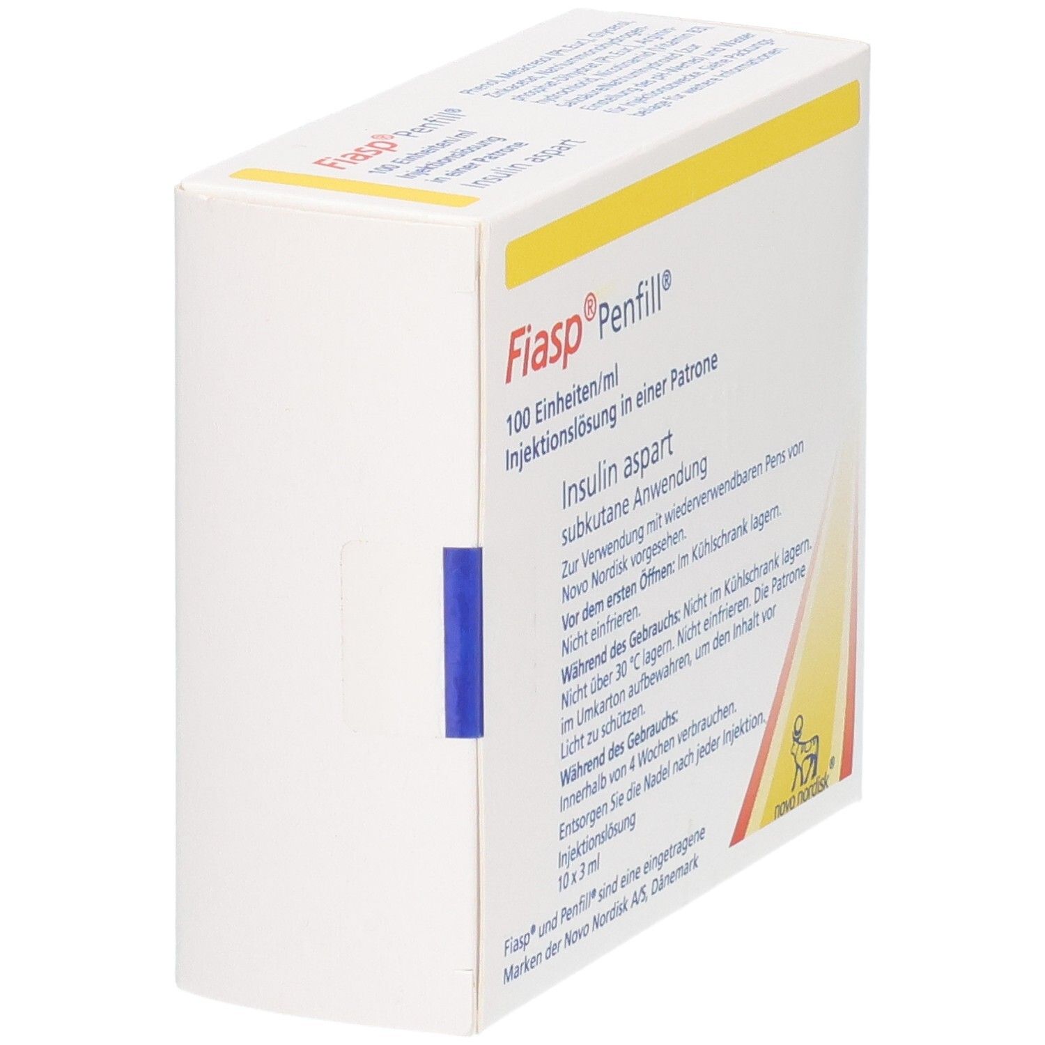Fiasp Penfill: Seitenansicht der Verpackung mit Details zur Injektionslösung.