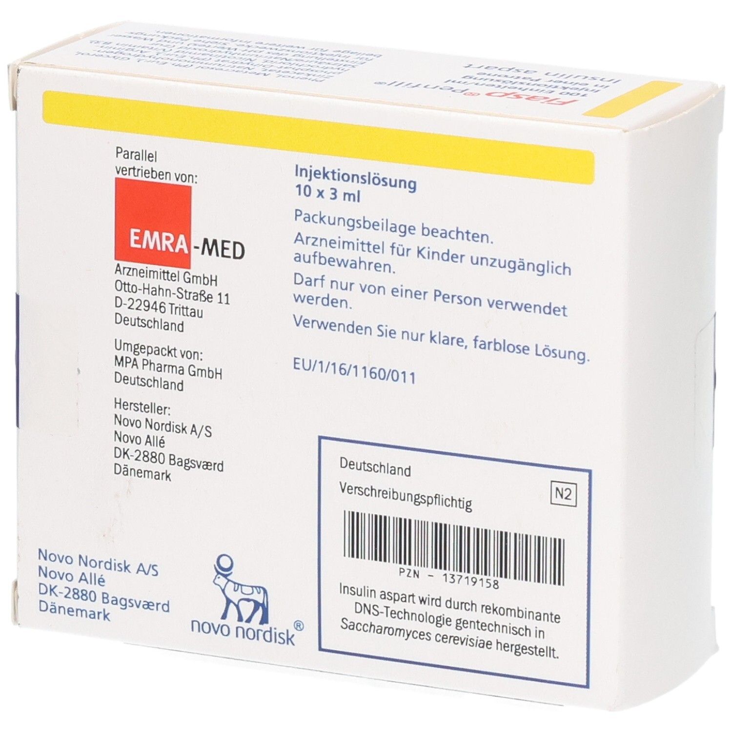 Rückseite der Fiasp Penfill Verpackung mit Hersteller- und Zulassungsinformationen.