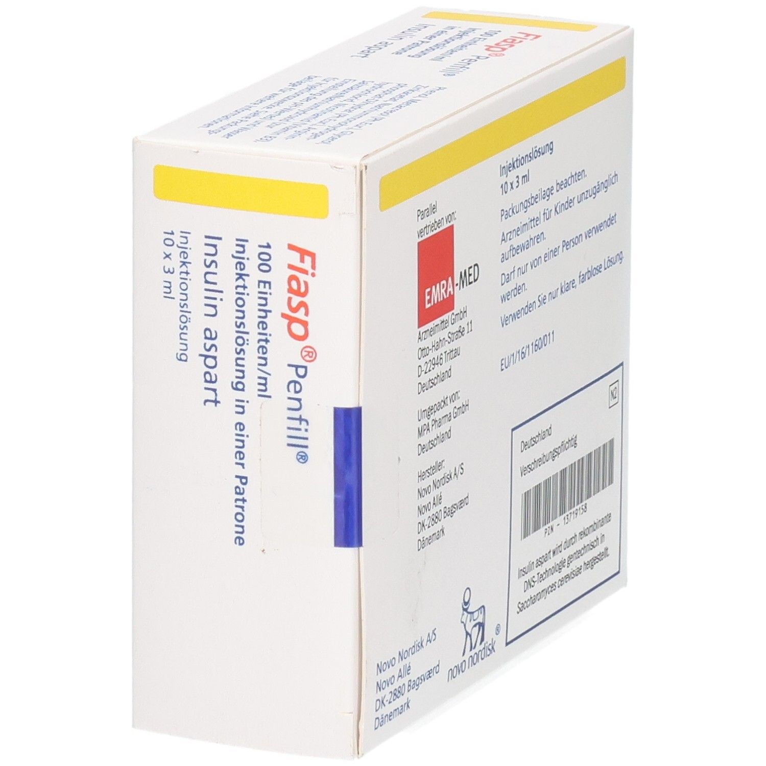 Fiasp Penfill: Verpackung mit Seiten- und Vorderansicht, 10 Patronen à 3 ml.