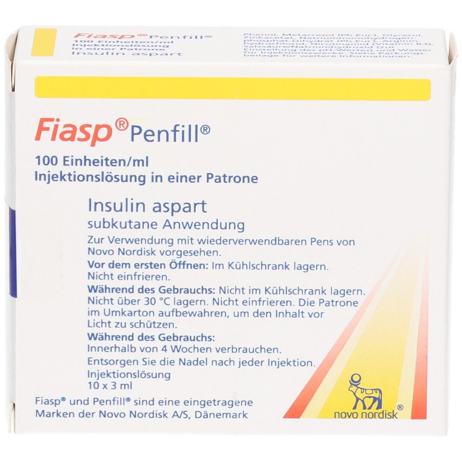 Vorderseite der Fiasp Penfill Verpackung: Insulin aspart, 100 E/ml, 10 x 3 ml Patronen.