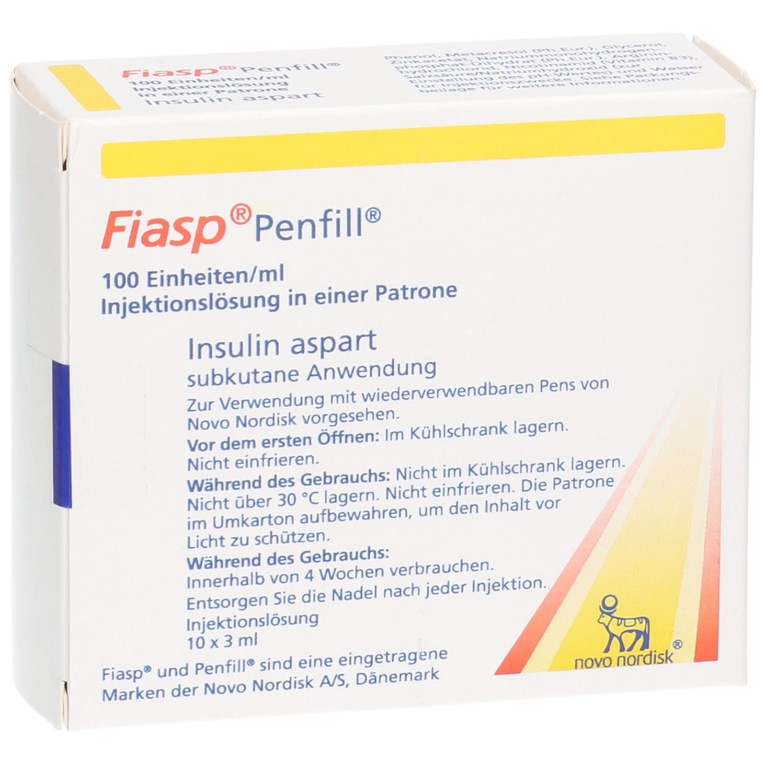 Fiasp Penfill: Verpackung mit detaillierten Anwendungshinweisen und Produktinformationen.