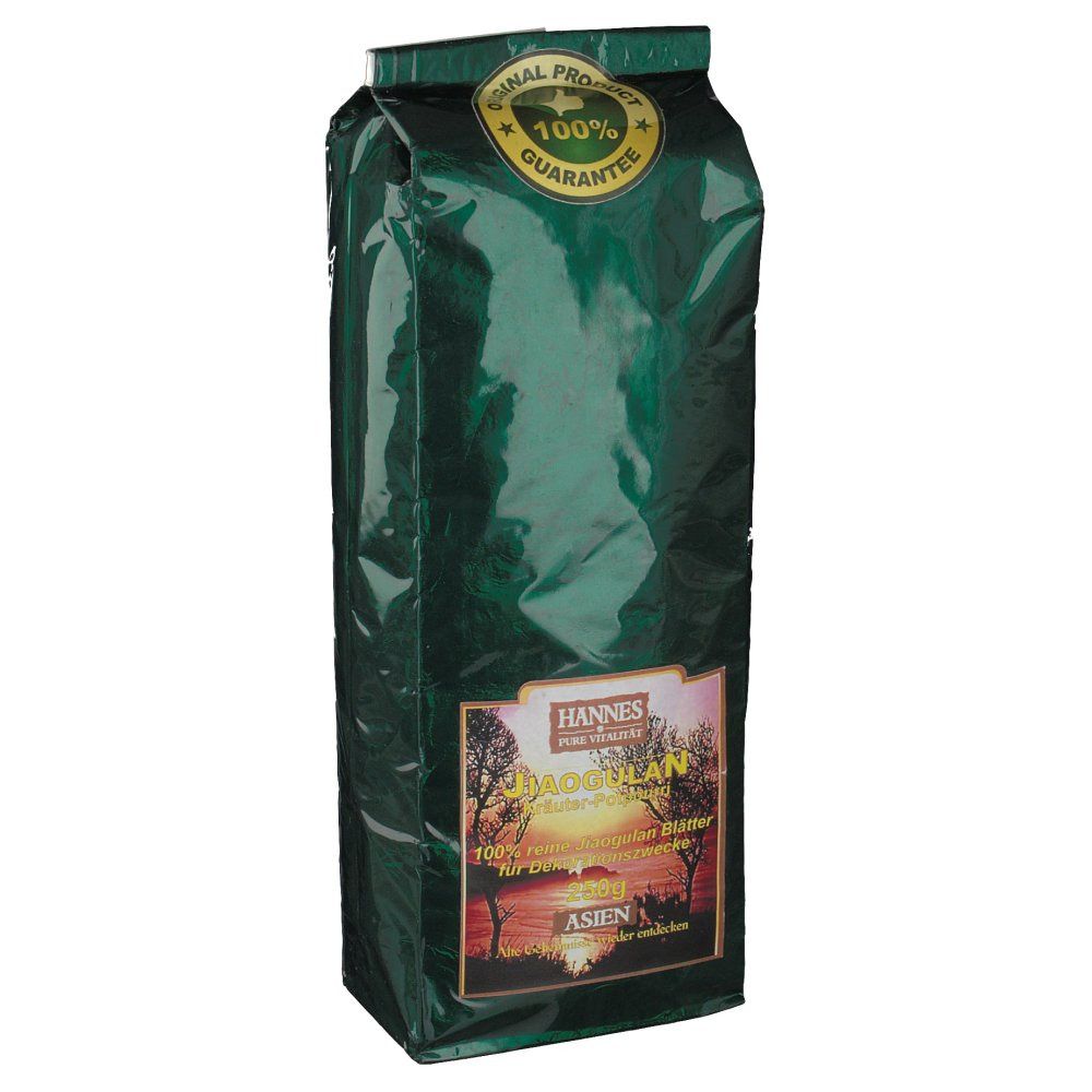 Grüne Verpackung mit Aufdruck. Aufschrift: Jiaogulan, HANNES, 100% reine Jiaogulan Blätter. Siegel: Original Produkt, 100% Garantie.