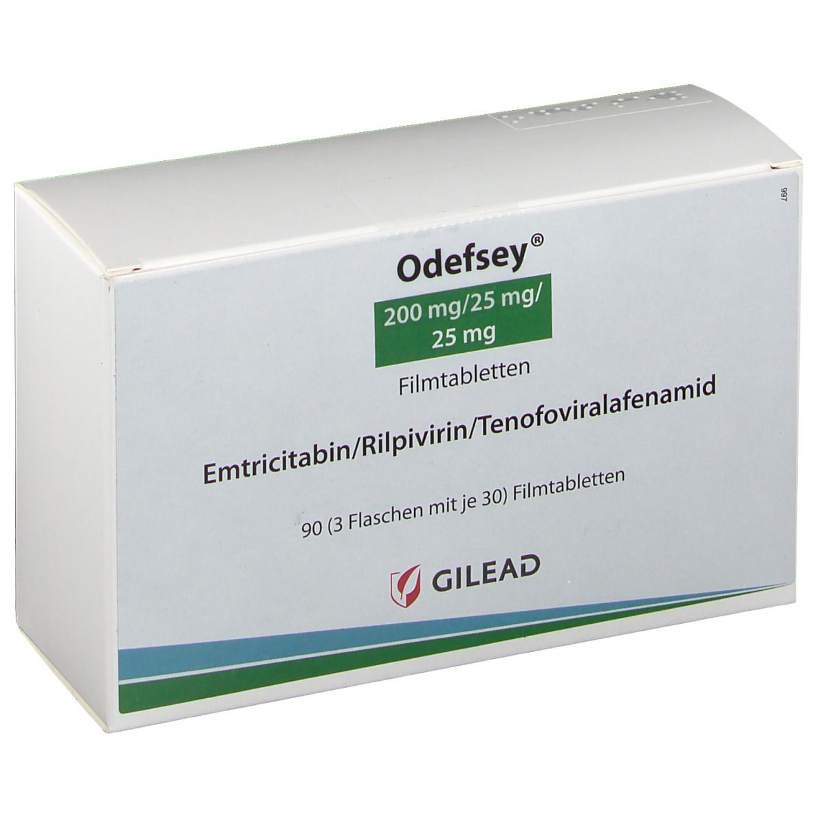 Weiße Faltschachtel. Odefsey 200 mg/25 mg/25 mg Filmtabletten. Wirkstoffe: Emtricitabin, Rilpivirin, Tenofovir. GILEAD Logo.