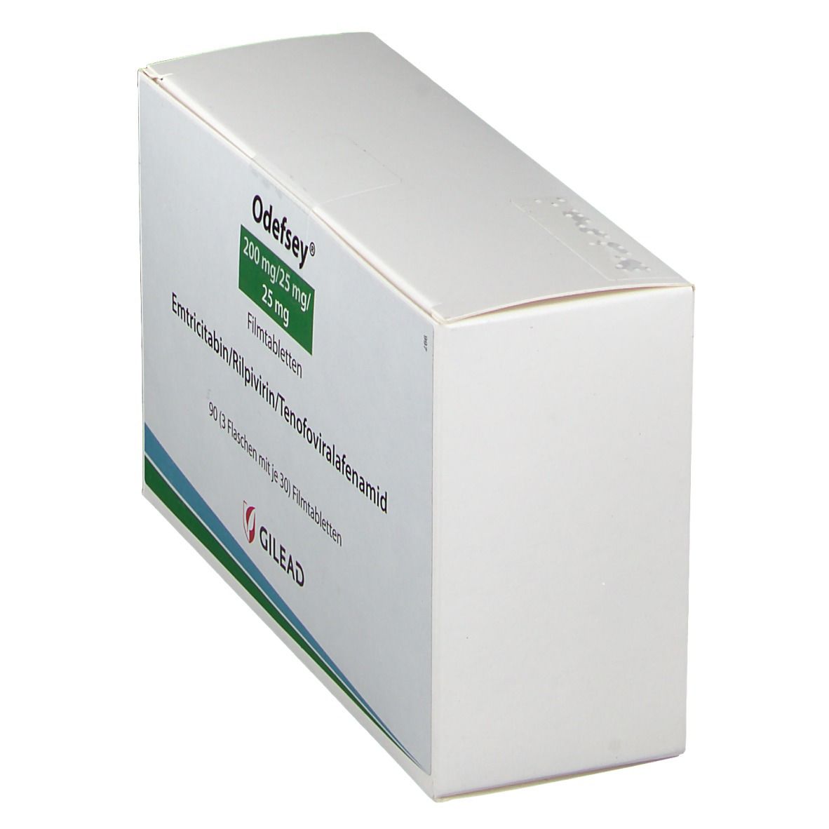 Schräg gestellte weiße Faltschachtel. Odefsey 200 mg/25 mg/25 mg Filmtabletten. GILEAD Logo. Text auf der Verpackung.