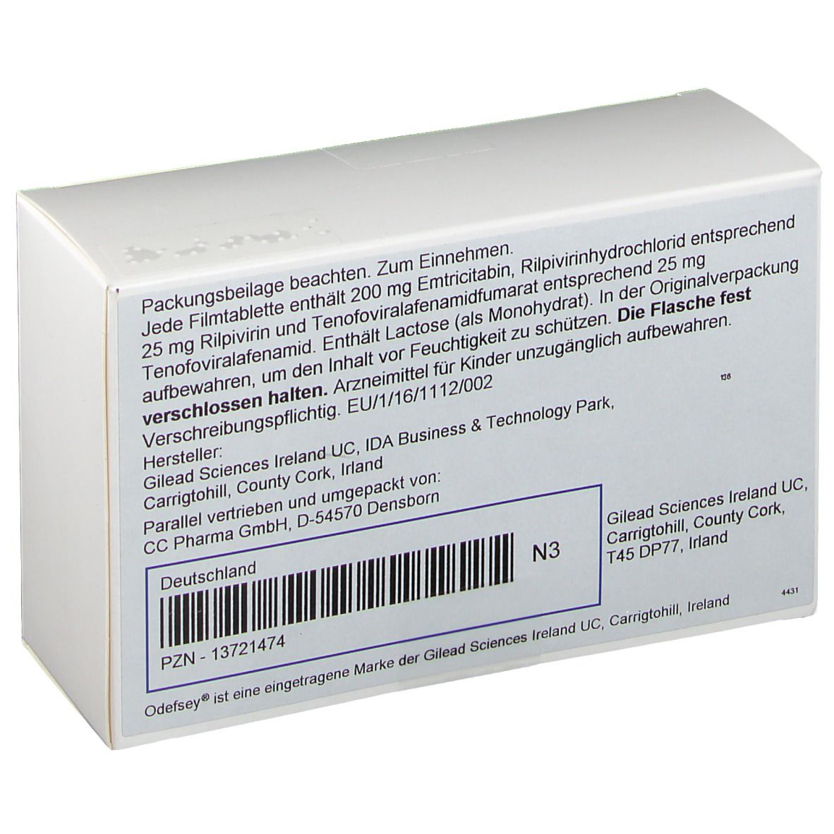 Rückseite der weißen Faltschachtel. Text mit Inhaltsstoffen, Herstellerinformationen und Barcode. Odefsey Filmtabletten.