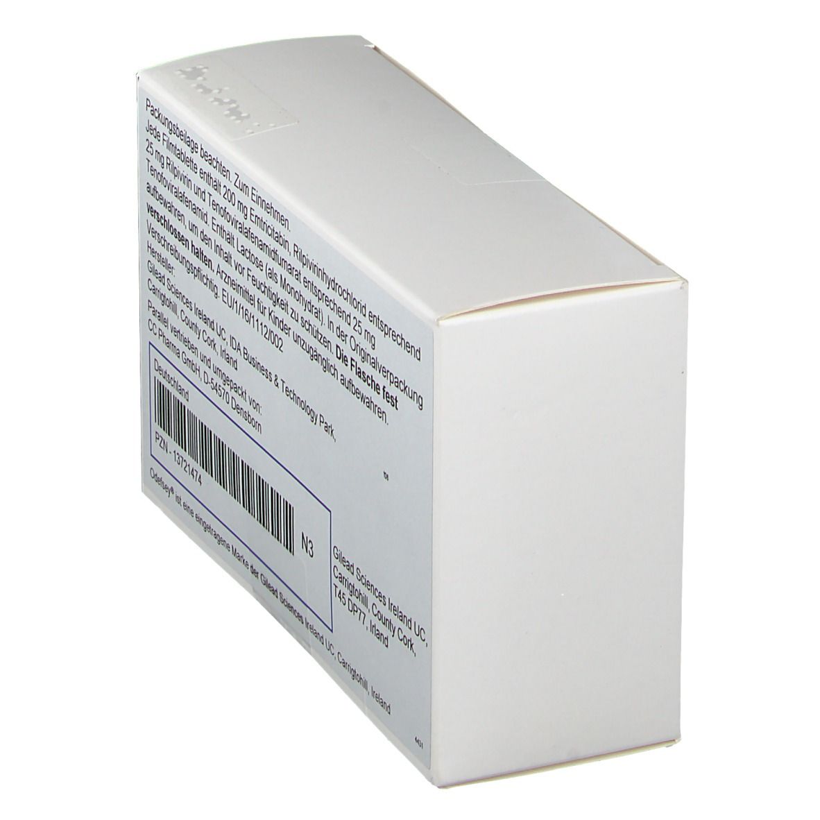Schräg gestellte Rückseite der weißen Faltschachtel. Text mit Inhaltsstoffen, Herstellerinformationen und Barcode. Odefsey.