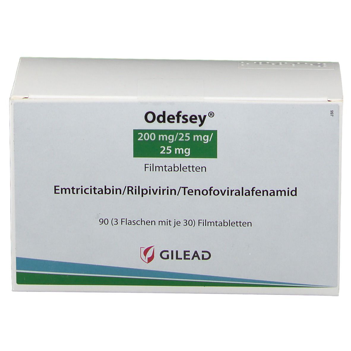 Weiße Faltschachtel. Odefsey 200 mg/25 mg/25 mg Filmtabletten. Wirkstoffe: Emtricitabin, Rilpivirin, Tenofovir. GILEAD Logo.