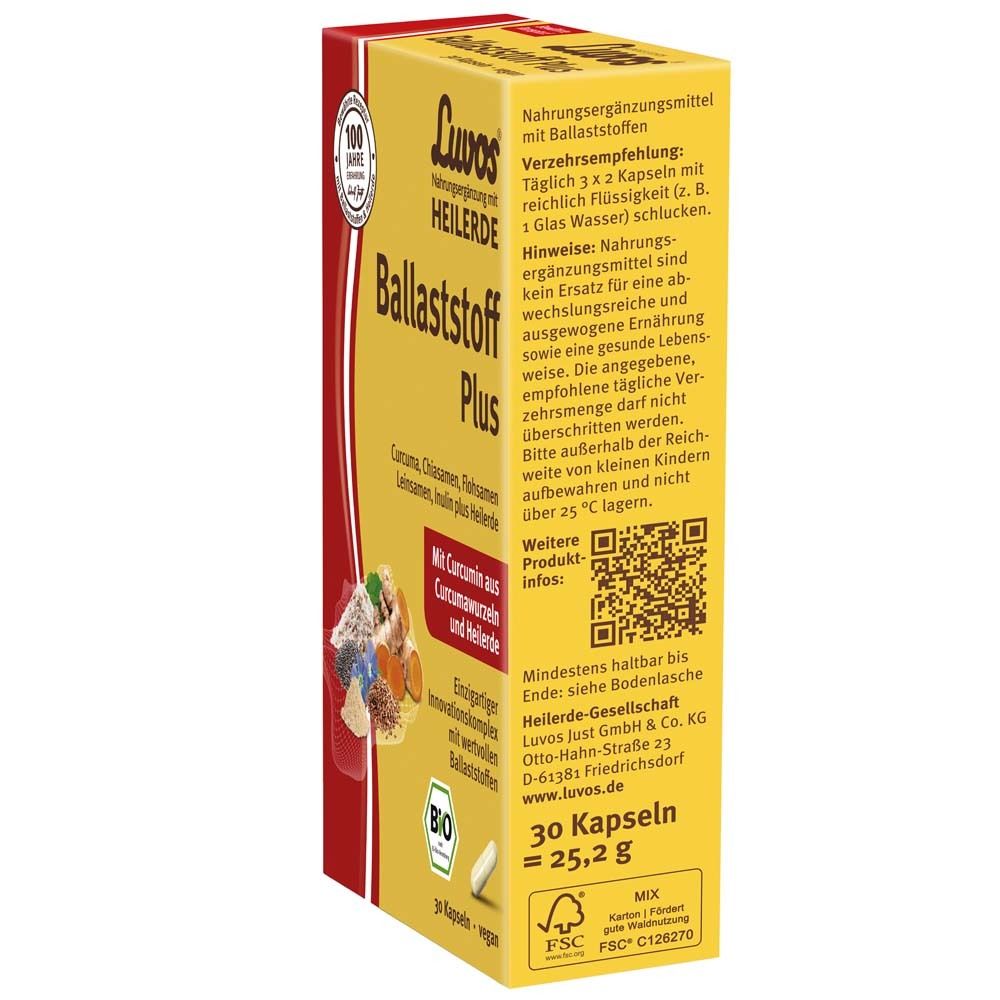 Gelbe Schachtel, Seitenansicht. Text: Verzehrempfehlung, 30 Kapseln, Mindestens haltbar bis Ende. QR-Code. FSC-Siegel. Luvos Heilerde Ballaststoff Plus.