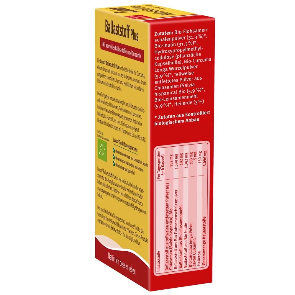 Gelbe Schachtel, Seitenansicht. Text: Zutaten, Inhaltsstoffe, Nährwerttabelle. BIO-Siegel. Luvos Heilerde Ballaststoff Plus. Zutaten aus biologischem Anbau.