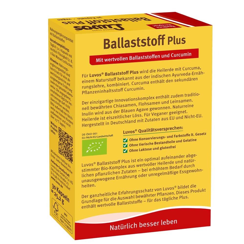 Gelbe Schachtel. Text: Mit wertvollen Ballaststoffen und Curcumin. BIO-Siegel. Luvos Heilerde Ballaststoff Plus. Ohne Konservierungsstoffe, Laktose, Gluten.