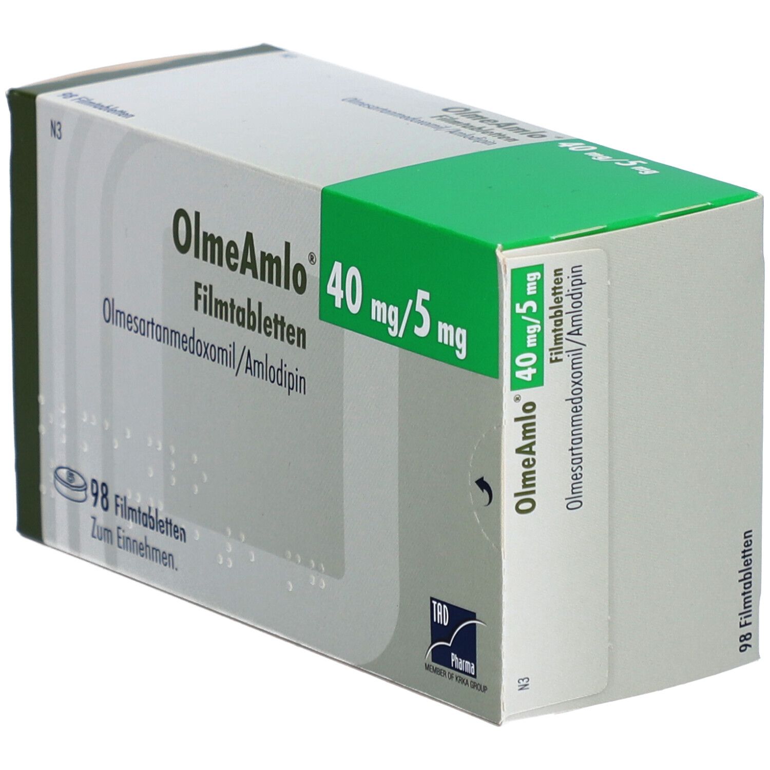 Schachtel mit OlmeAml 40 mg/5 mg Filmtabletten. Grün-weiße Verpackung mit Produktnamen und Dosierung. Enthält 98 Tabletten.