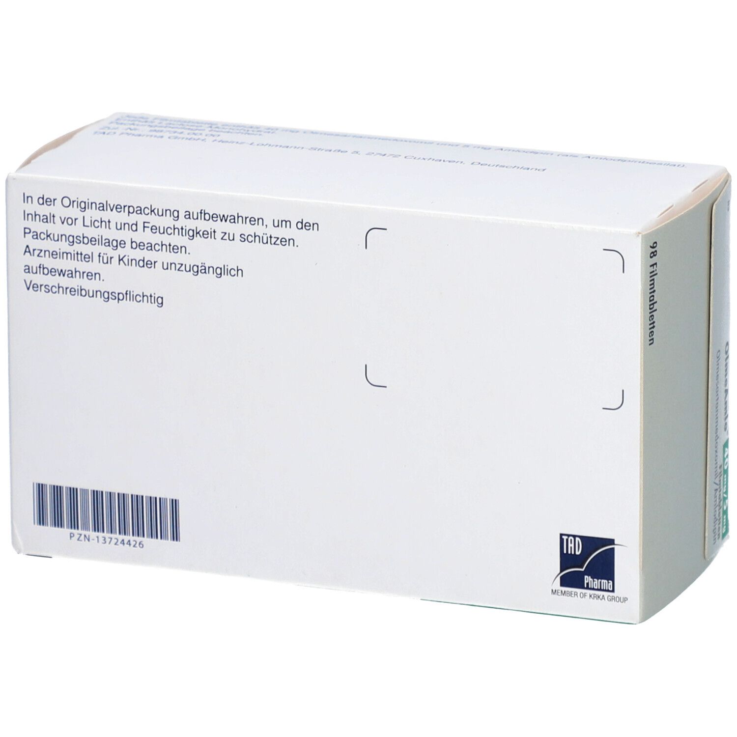 Rückseite der OlmeAml-Verpackung. Weiß mit Text, PZN-Nummer und Logo. Enthält Informationen zur Aufbewahrung und Warnhinweise.