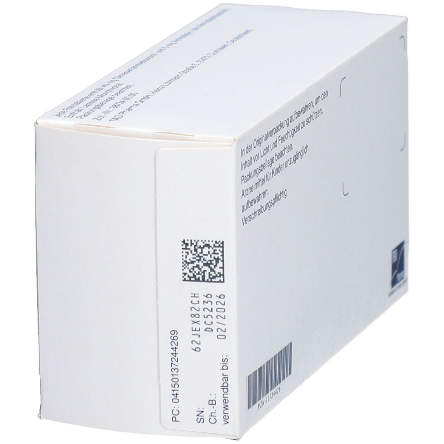 Seite der OlmeAml-Verpackung. Weiß mit Barcode, Chargennummer und Verfallsdatum. Enthält PC- und SN-Informationen.