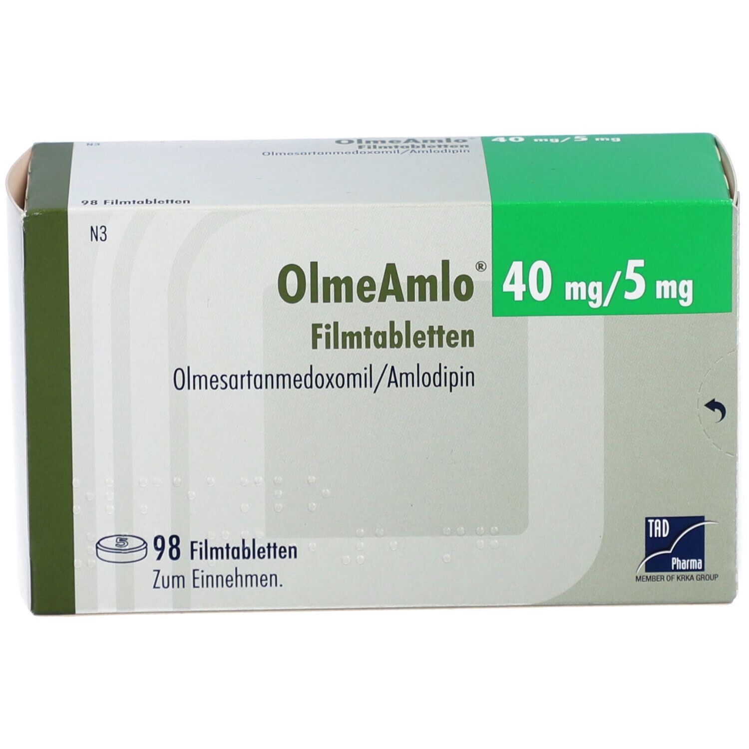 Schachtel mit OlmeAml 40 mg/5 mg Filmtabletten. Grün-weiße Verpackung mit Produktnamen und Dosierung. Enthält 98 Tabletten.