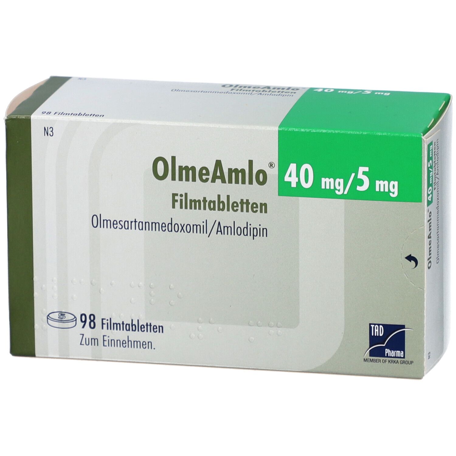 Schachtel mit OlmeAml 40 mg/5 mg Filmtabletten. Grün-weiße Verpackung mit Produktnamen und Dosierung. Enthält 98 Tabletten.