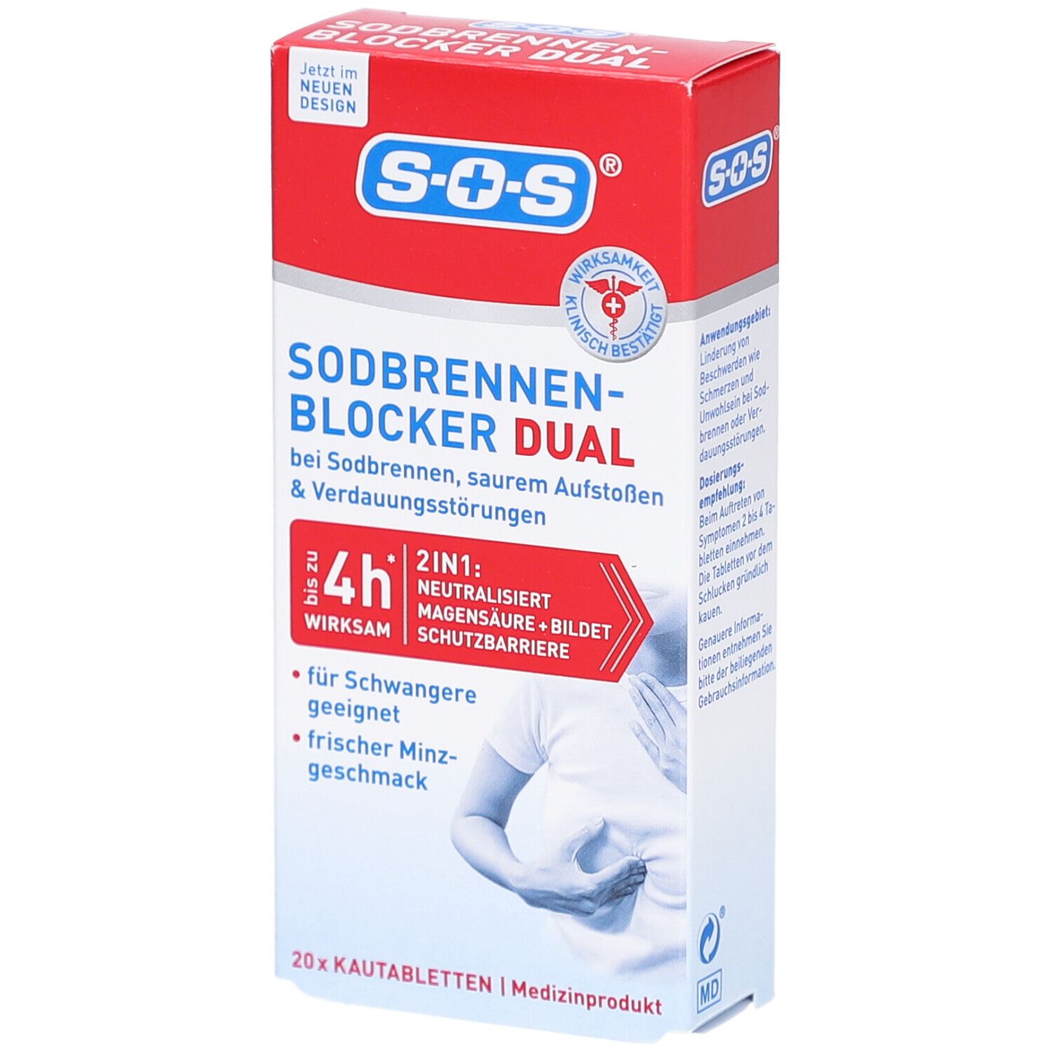 Rote und weiße Verpackung mit SOS Sodbrennen-Blocker Dual. Enthält 20 Kautabletten. Klinisch bestätigt. Geeignet für Schwangere.