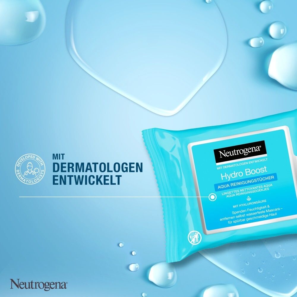 Neutrogena Hydro Boost Aqua Reinigungstücher. Blaue Verpackung mit Text und Logo. Hintergrund blau.