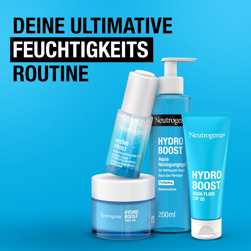 Vier Produkte: Serum, Aqua Reinigungsgel, Aqua Fluid, Aqua Gel. Blauer Hintergrund. Text: Deine ultimative Feuchtigkeitsroutine.
