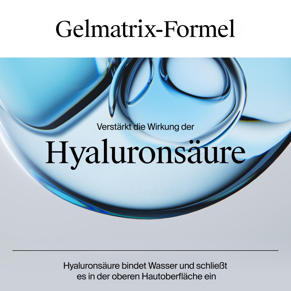 Text: Gelmatrix-Formel. Hyaluronsäure bindet Wasser. Blauer Hintergrund.