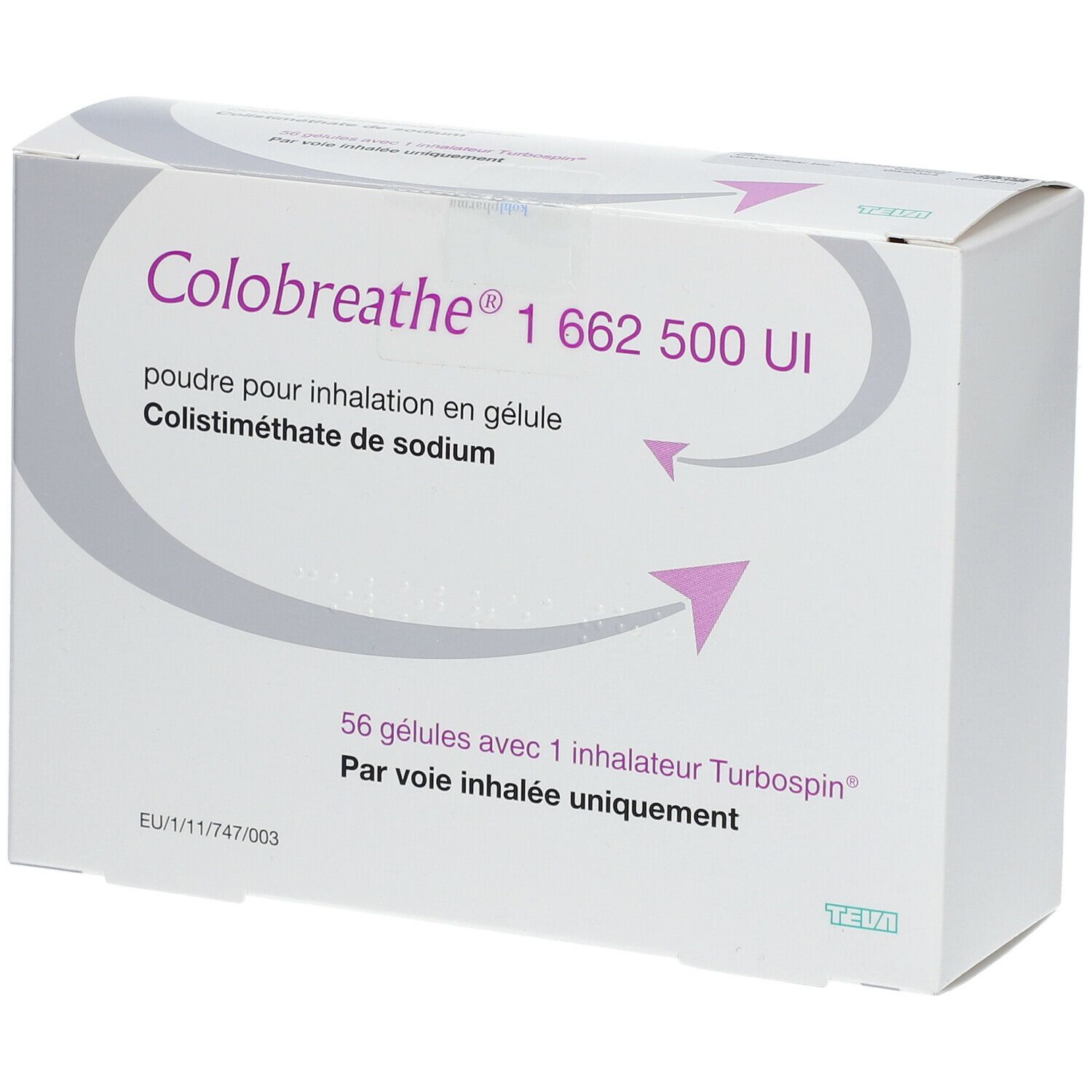 Weiße Verpackung mit Produktnamen und Dosierung. Enthält 56 Kapseln und einen Turbospin-Inhalator. Text in Deutsch und Französisch.