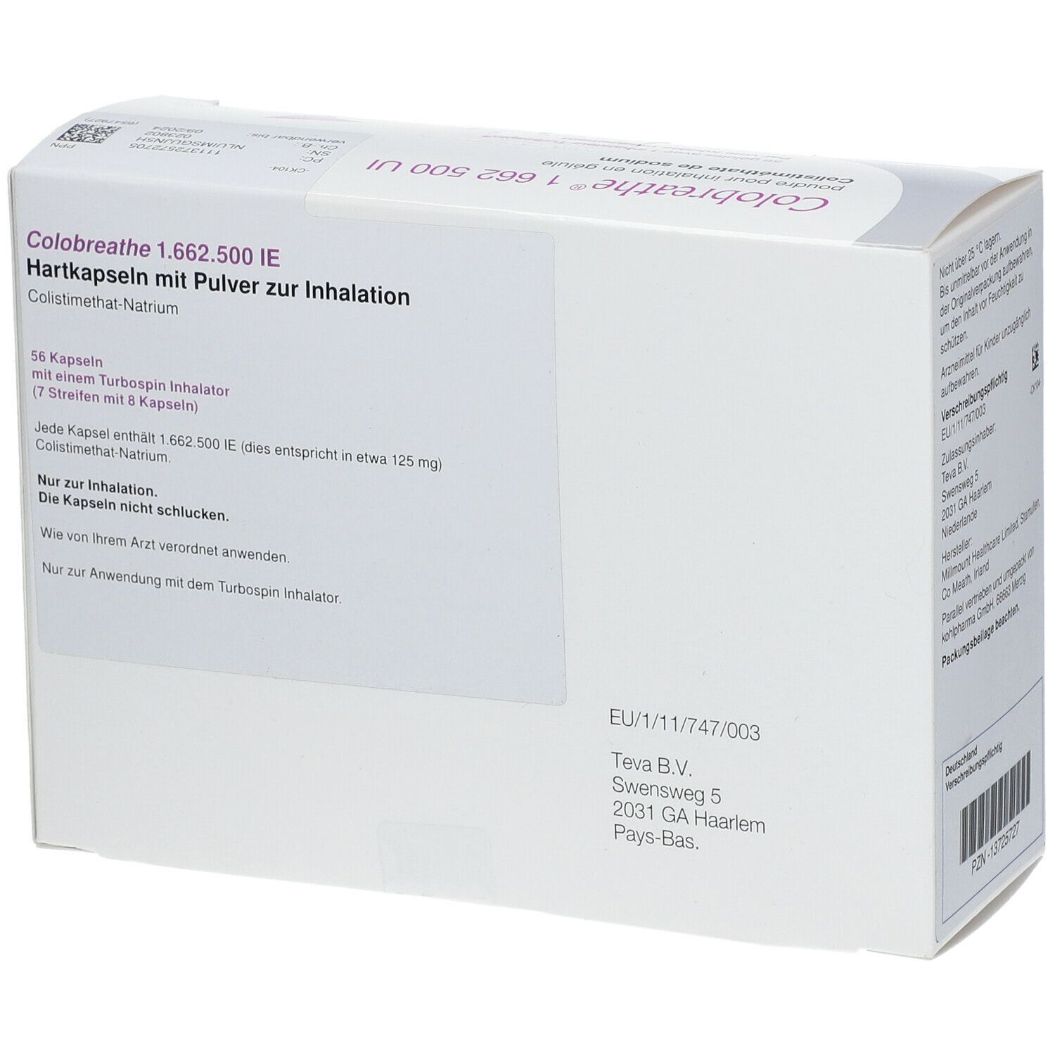 Weiße Verpackung mit Produktnamen und Dosierung. Enthält 56 Kapseln und einen Turbospin-Inhalator. Text in Deutsch.