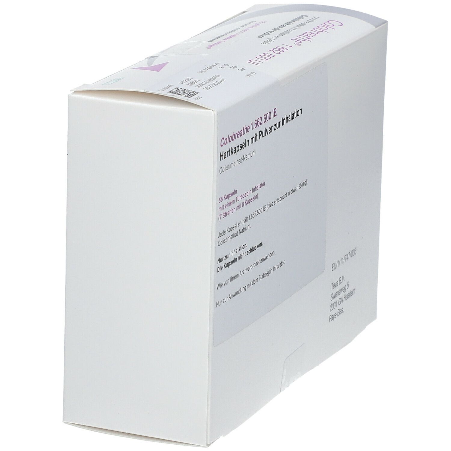 Weiße Verpackung mit Produktnamen und Dosierung. Enthält 56 Kapseln und einen Turbospin-Inhalator. Text in Deutsch.