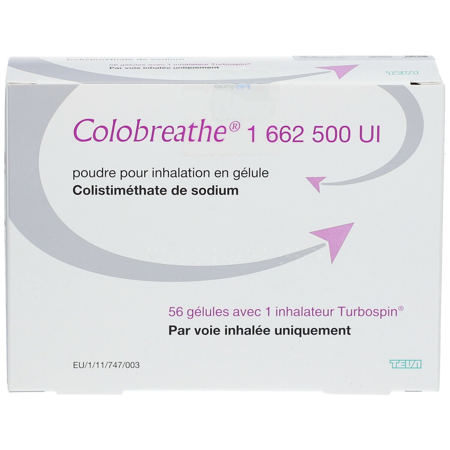 Weiße Verpackung mit Produktnamen und Dosierung. Enthält 56 Kapseln und einen Turbospin-Inhalator. Text in Deutsch und Französisch.