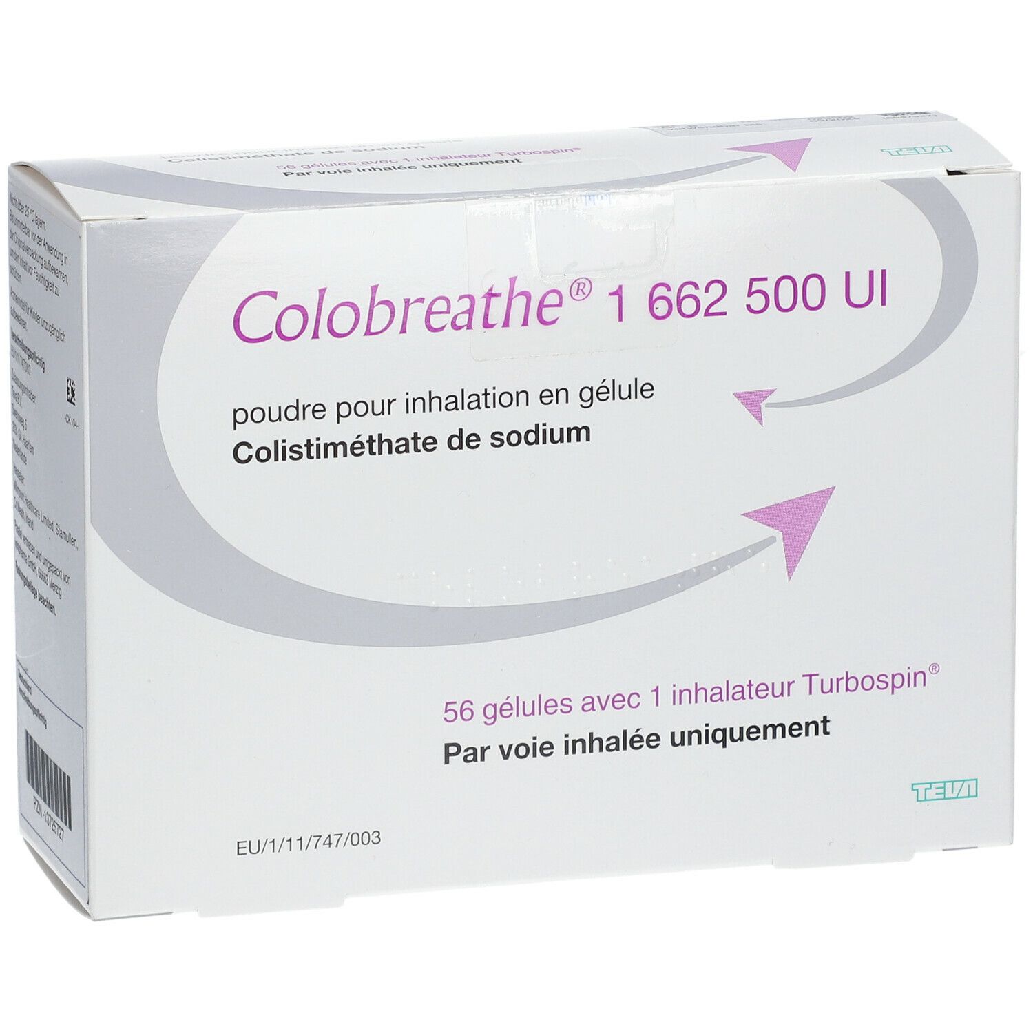 Weiße Verpackung mit Produktnamen und Dosierung. Enthält 56 Kapseln und einen Turbospin-Inhalator. Text in Deutsch und Französisch.