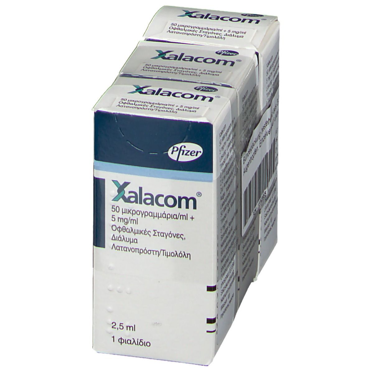 Verpackung von Xalacom Augentropfen. Drei Schachteln zusammengefasst. Mit Produktinformationen.
