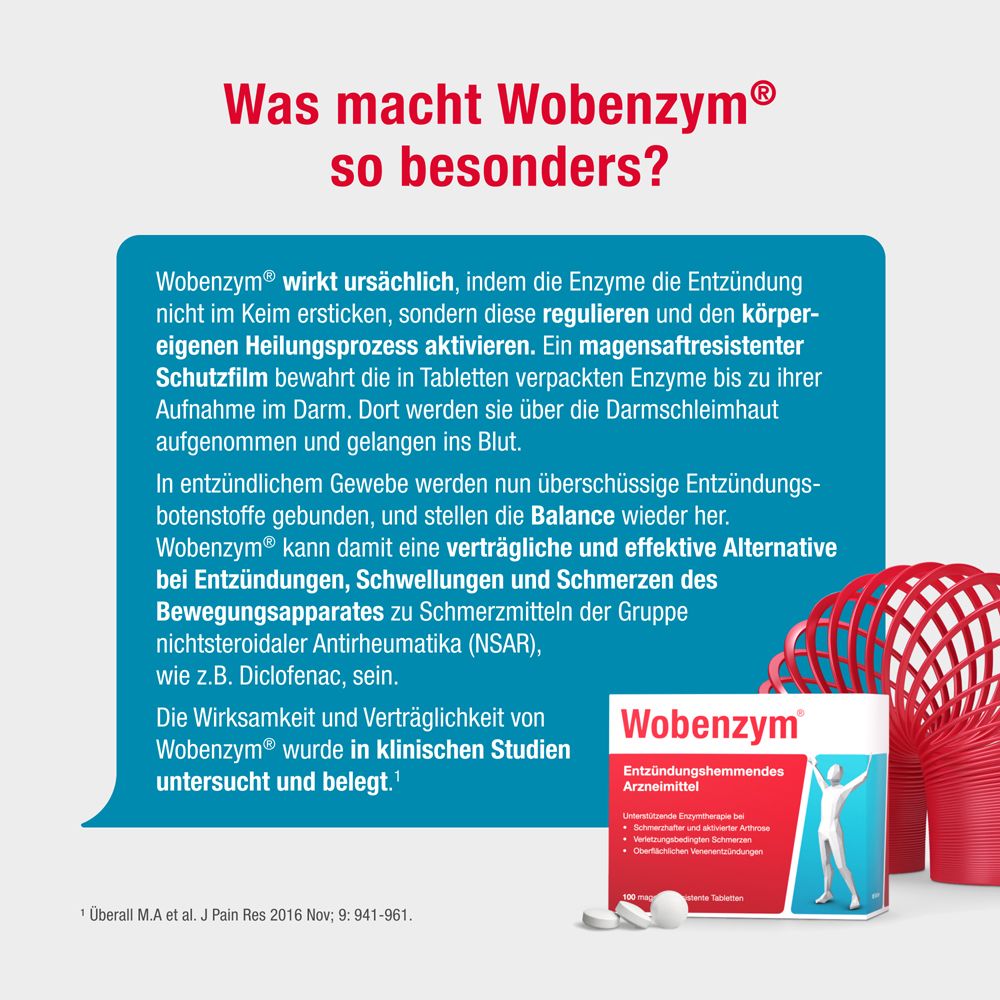 Wobenzym®-Packung und Tabletten. Text: Was macht Wobenzym® so besonders? Wirkt ursächlich.