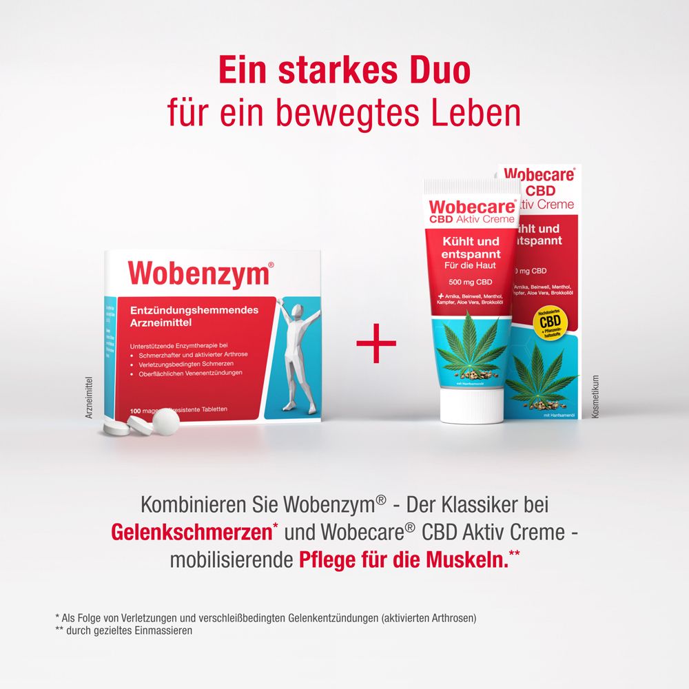 Wobenzym®-Packung und Wobecare® CBD Aktiv Creme. Text: Ein starkes Duo für ein bewegtes Leben.