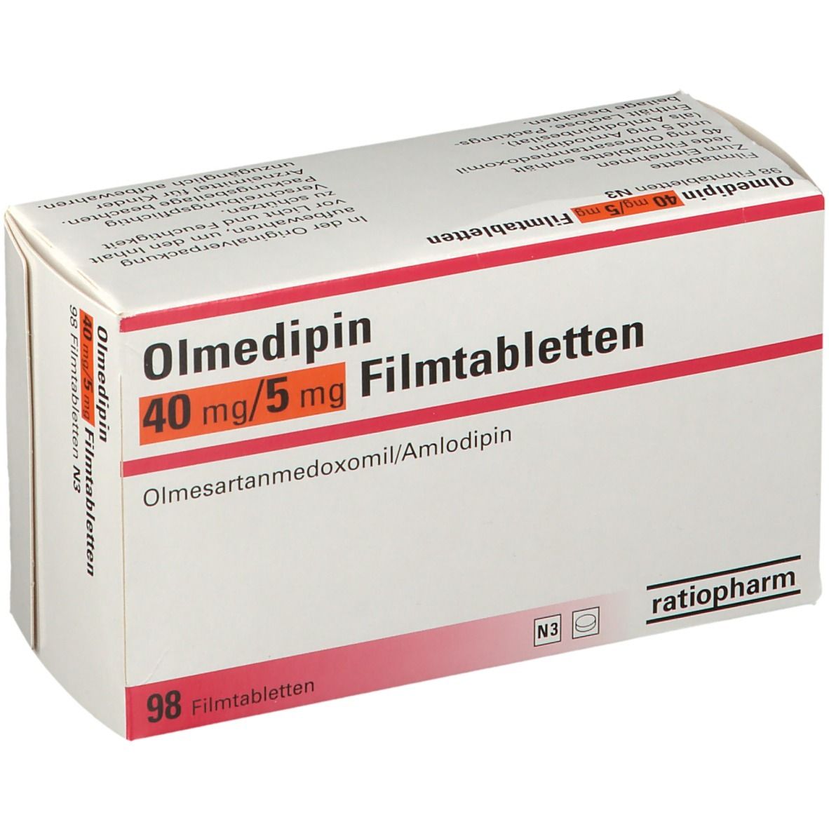 Schachtel mit Olmedipin 40 mg/5 mg Filmtabletten. Rote und weiße Verpackung mit Produktnamen und ratiopharm-Logo. Enthält 98 Tabletten.