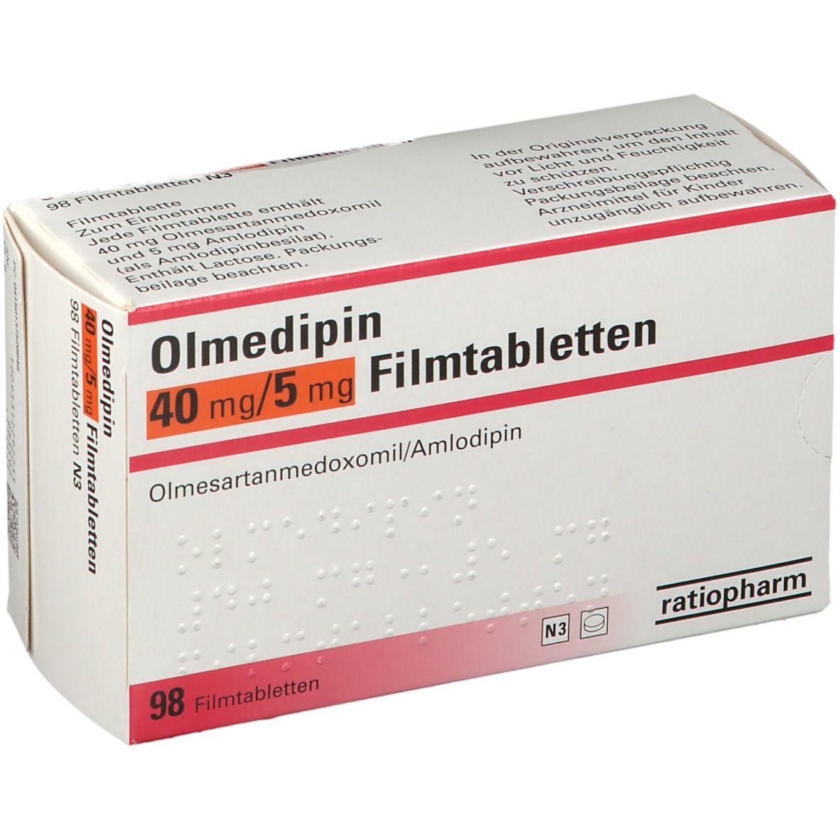 Schachtel Olmedipin 40 mg/5 mg Filmtabletten. Weiße Verpackung mit roter Markierung. ratiopharm-Logo und 98 Tabletten-Angabe.