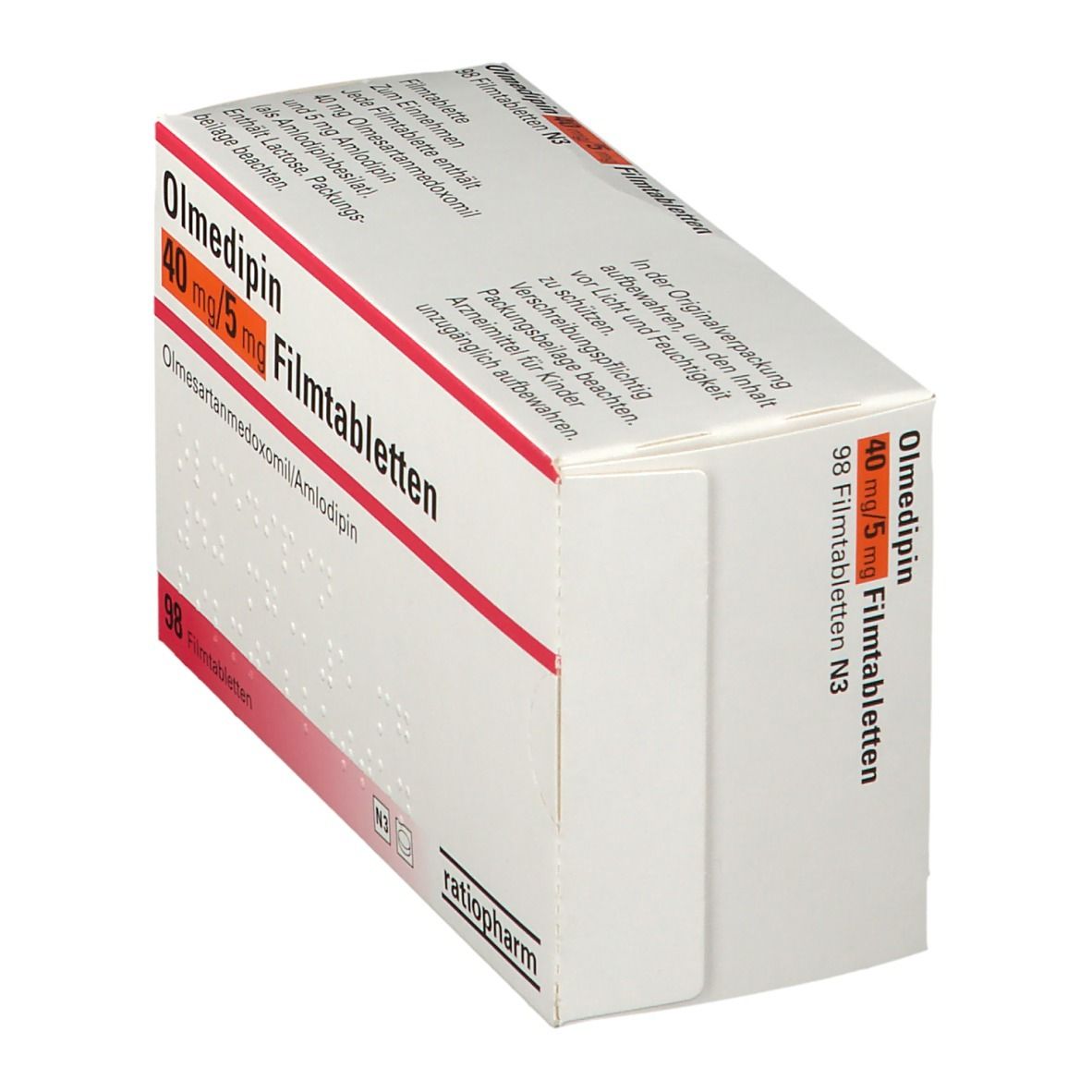 Schachtel Olmedipin 40 mg/5 mg Filmtabletten, schräg. Weiße Verpackung mit roter Markierung. ratiopharm-Logo und 98 Tabletten-Angabe.