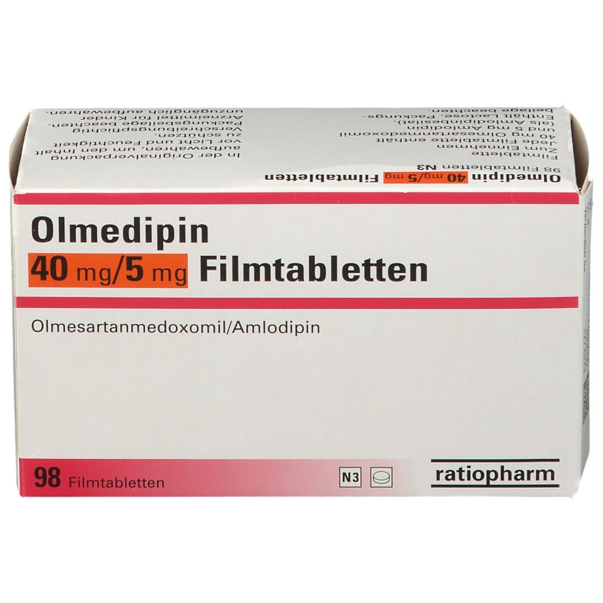 Schachtel Olmedipin 40 mg/5 mg Filmtabletten. Weiße Verpackung mit roter Markierung. ratiopharm-Logo und 98 Tabletten-Angabe.