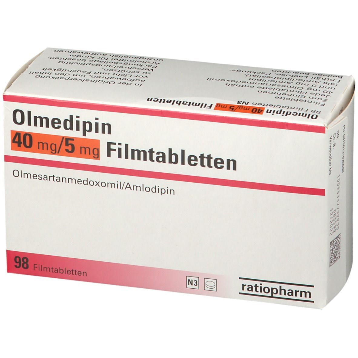 Schachtel Olmedipin 40 mg/5 mg Filmtabletten. Weiße Verpackung mit roter Markierung. ratiopharm-Logo und 98 Tabletten-Angabe.