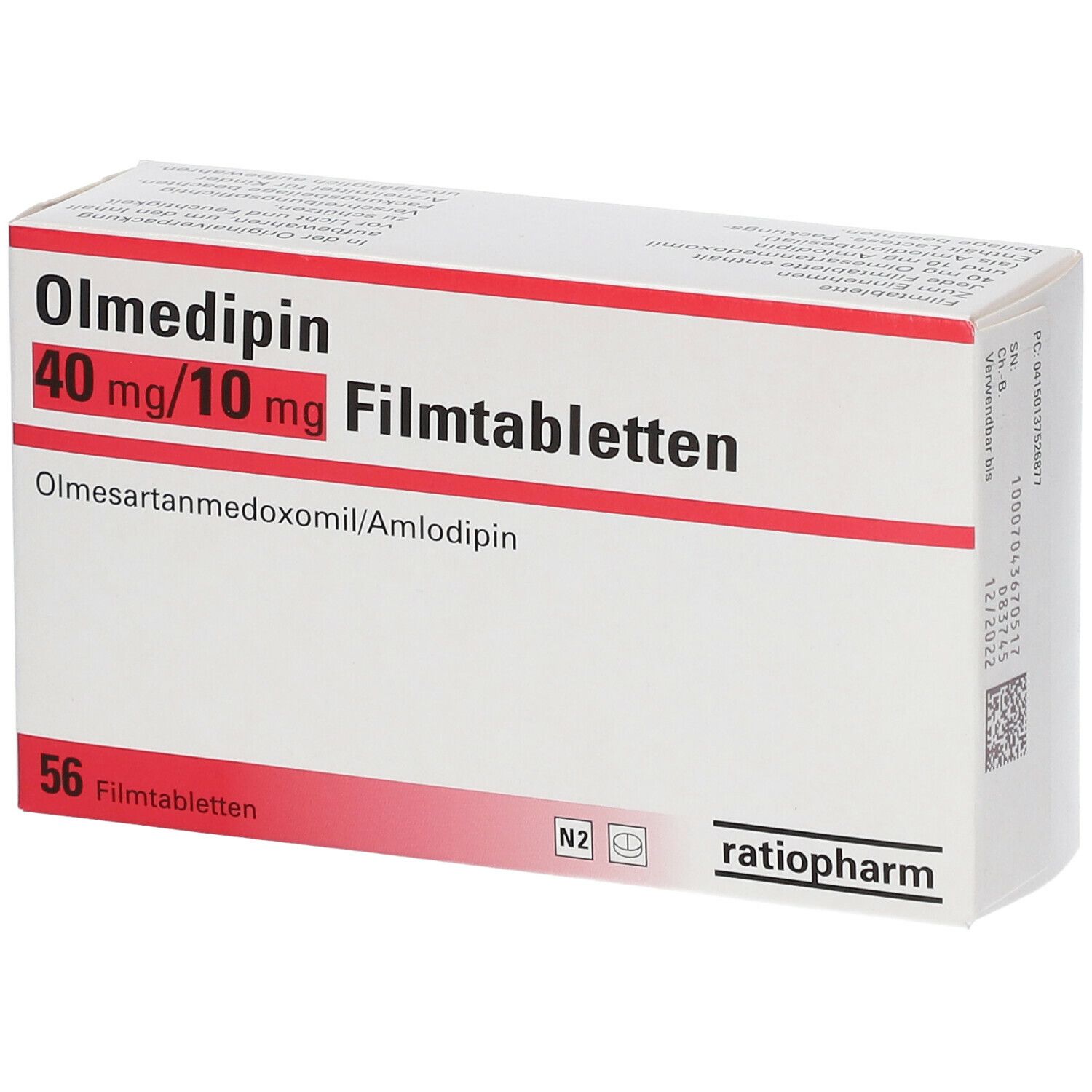 Schachtel mit Olmedipin 40 mg/10 mg Filmtabletten. Rote Schrift auf weißem Grund. 56 Filmtabletten. Marke: ratiopharm.